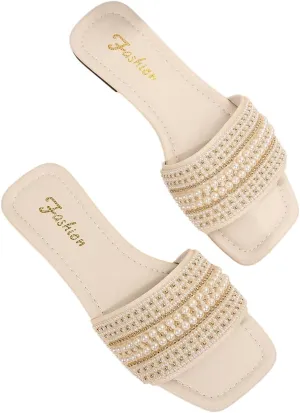 Women's Sparkle Pearl Flat Sandals Fashion Bling Rhinestone Square Open Toe Wedding Sandals