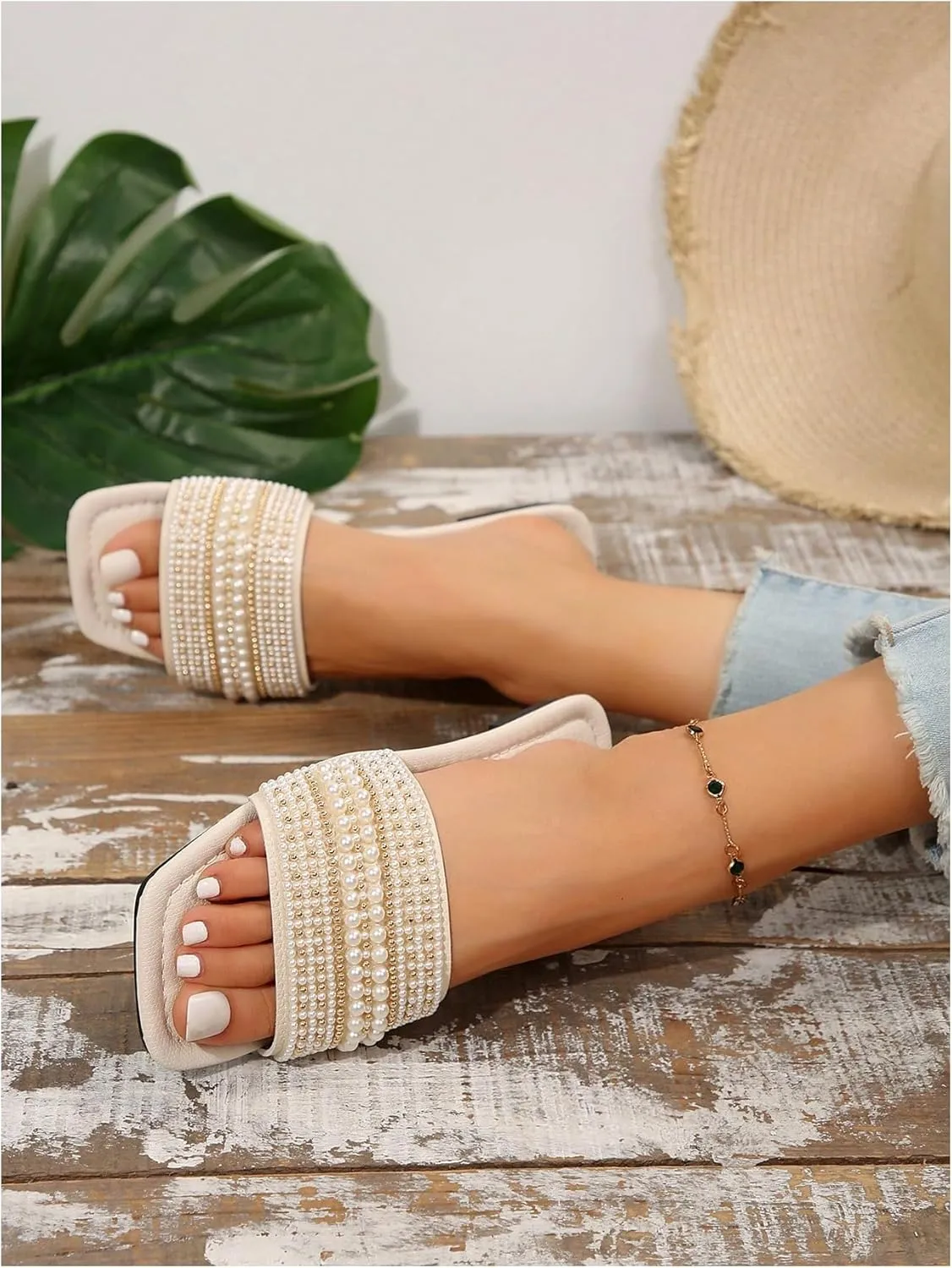 Women's Sparkle Pearl Flat Sandals Fashion Bling Rhinestone Square Open Toe Wedding Sandals