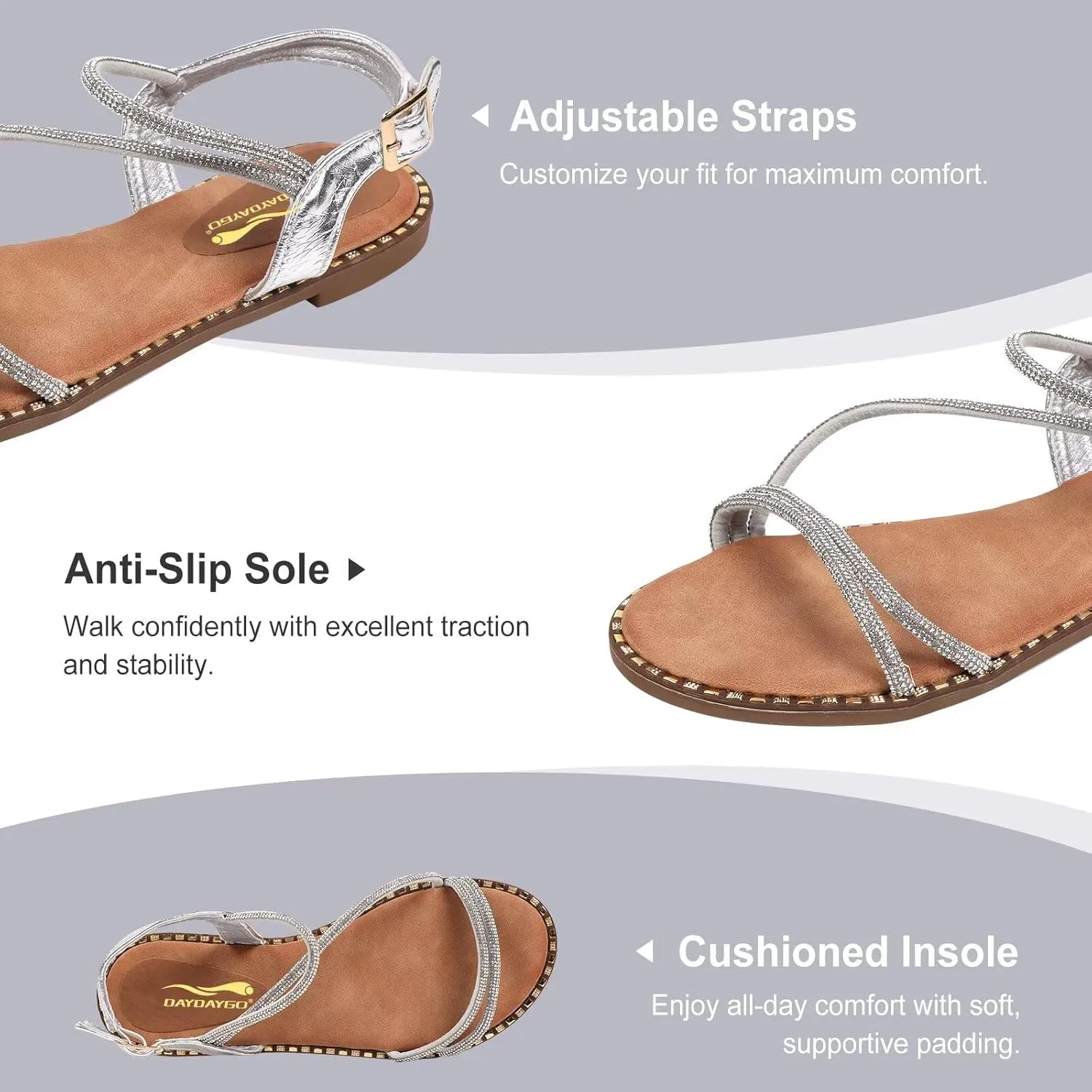 Women's Sparkle Rhinestone Flat Sandals with Back Elastic Ankle Strap, Comfortable Memory Foam Slip On Open Toe Shoes for Dressy or Everyday Summer Wear, Glitter Bling and for Work, Beach, Strappy Wedding Sandals