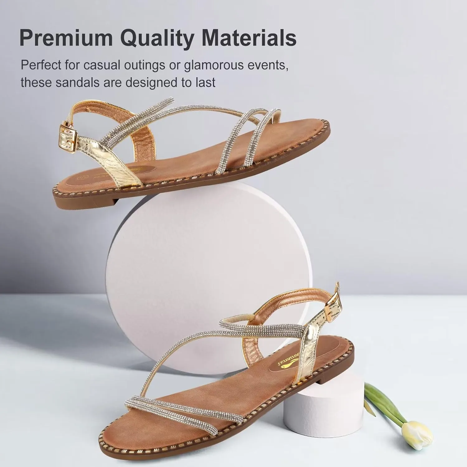 Women's Sparkle Rhinestone Flat Sandals with Back Elastic Ankle Strap, Comfortable Memory Foam Slip On Open Toe Shoes for Dressy or Everyday Summer Wear, Glitter Bling and for Work, Beach, Strappy Wedding Sandals