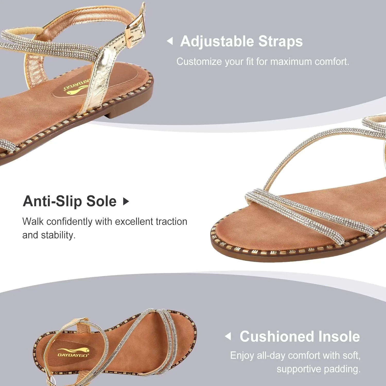 Women's Sparkle Rhinestone Flat Sandals with Back Elastic Ankle Strap, Comfortable Memory Foam Slip On Open Toe Shoes for Dressy or Everyday Summer Wear, Glitter Bling and for Work, Beach, Strappy Wedding Sandals