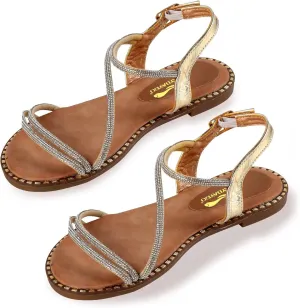 Women's Sparkle Rhinestone Flat Sandals with Back Elastic Ankle Strap, Comfortable Memory Foam Slip On Open Toe Shoes for Dressy or Everyday Summer Wear, Glitter Bling and for Work, Beach, Strappy Wedding Sandals