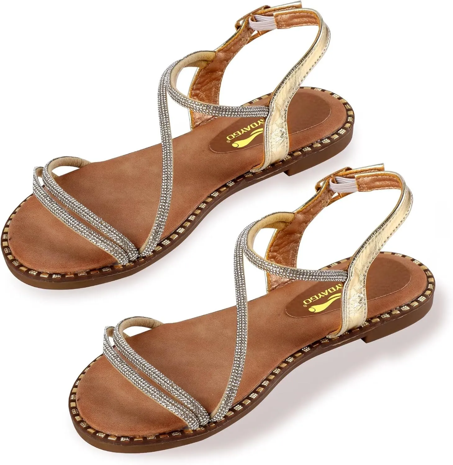 Women's Sparkle Rhinestone Flat Sandals with Back Elastic Ankle Strap, Comfortable Memory Foam Slip On Open Toe Shoes for Dressy or Everyday Summer Wear, Glitter Bling and for Work, Beach, Strappy Wedding Sandals