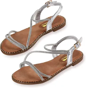 Women's Sparkle Rhinestone Flat Sandals with Back Elastic Ankle Strap, Comfortable Memory Foam Slip On Open Toe Shoes for Dressy or Everyday Summer Wear, Glitter Bling and for Work, Beach, Strappy Wedding Sandals