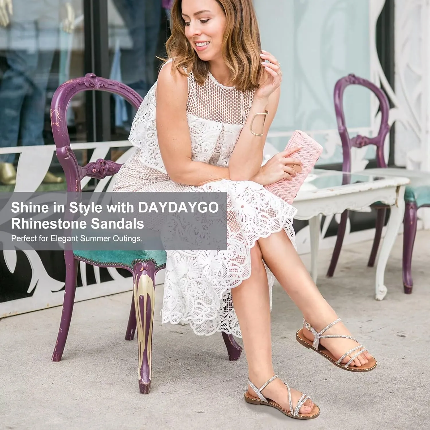 Women's Sparkle Rhinestone Flat Sandals with Back Elastic Ankle Strap, Comfortable Memory Foam Slip On Open Toe Shoes for Dressy or Everyday Summer Wear, Glitter Bling and for Work, Beach, Strappy Wedding Sandals