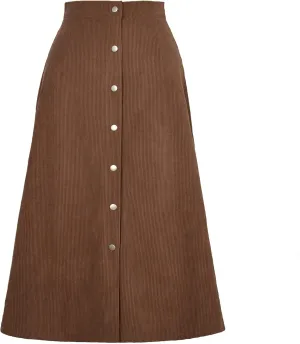 Women's Spring Fall High Waist Corduroy A-Line Slim Button Front Solid Color Midi Skirts