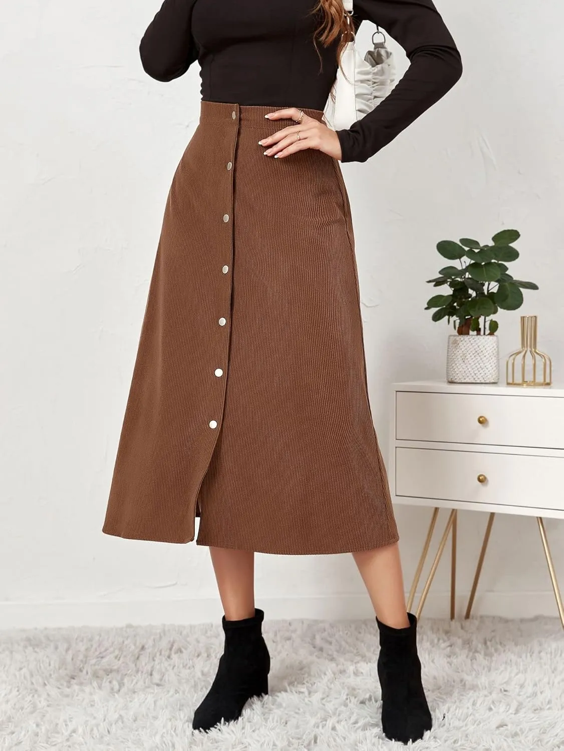 Women's Spring Fall High Waist Corduroy A-Line Slim Button Front Solid Color Midi Skirts