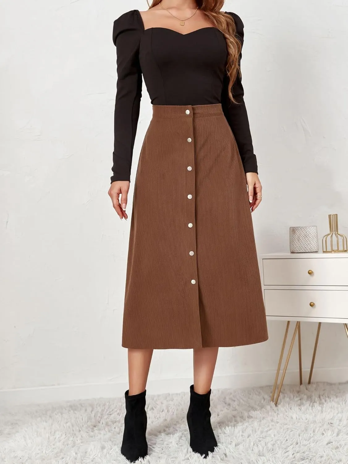 Women's Spring Fall High Waist Corduroy A-Line Slim Button Front Solid Color Midi Skirts