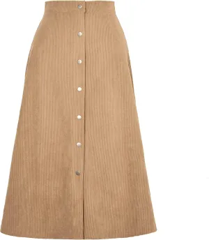 Women's Spring Fall High Waist Corduroy A-Line Slim Button Front Solid Color Midi Skirts