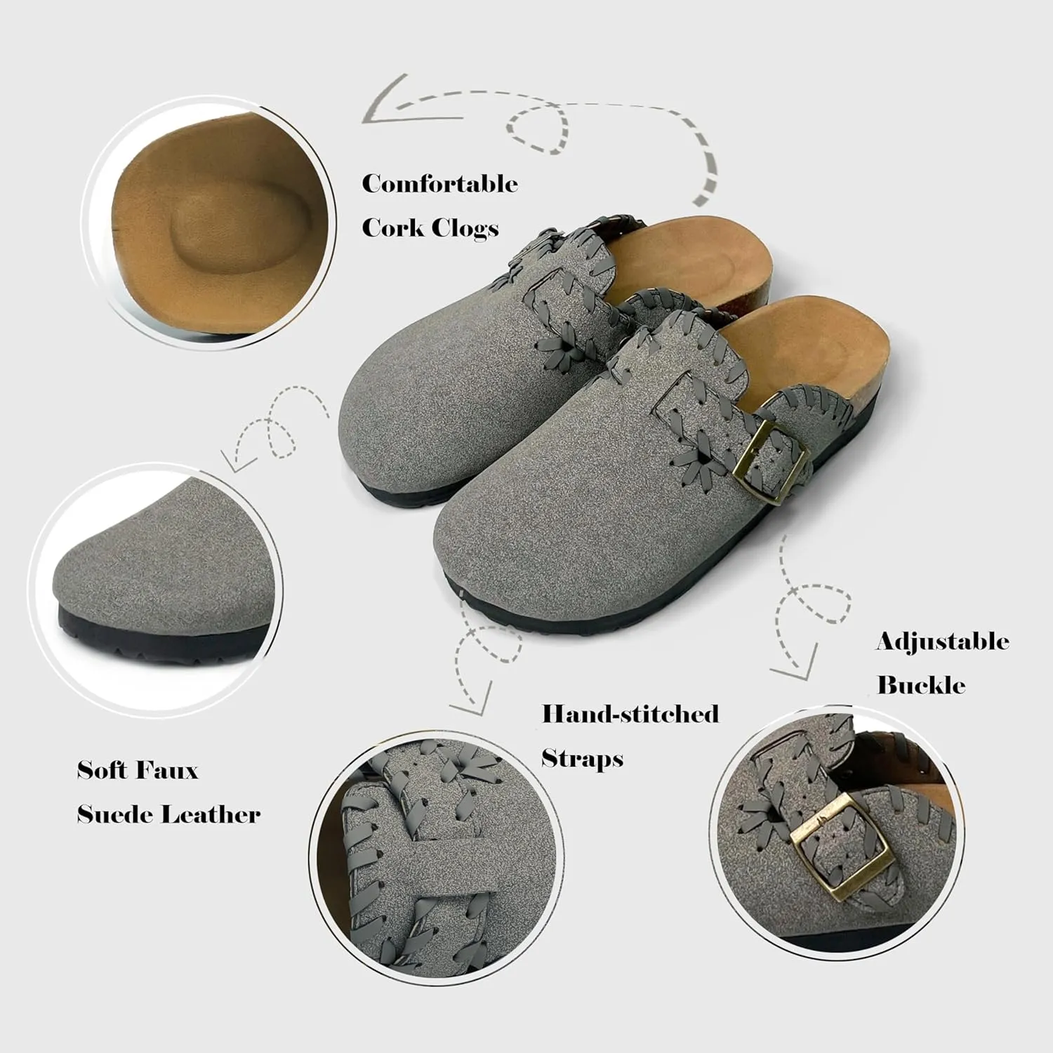 Women’s Suede Clogs Comfort Slip-On Mules with Cork Footbed and Adjustable Buckle Arch Support House Slippers Casual Indoor Outdoor Sandals