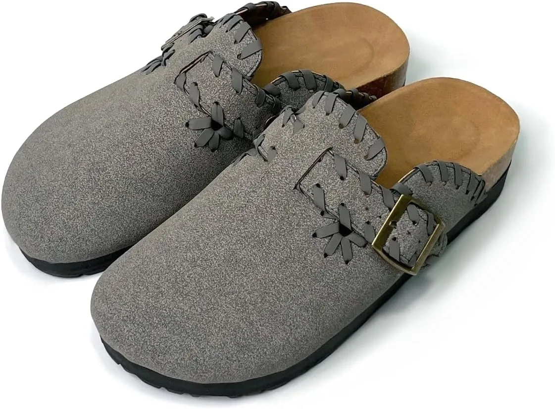 Women’s Suede Clogs Comfort Slip-On Mules with Cork Footbed and Adjustable Buckle Arch Support House Slippers Casual Indoor Outdoor Sandals