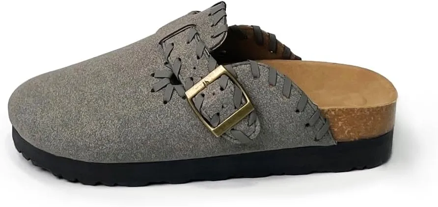 Women’s Suede Clogs Comfort Slip-On Mules with Cork Footbed and Adjustable Buckle Arch Support House Slippers Casual Indoor Outdoor Sandals