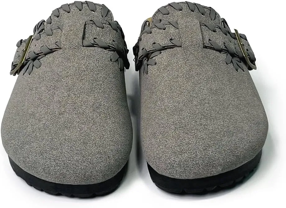 Women’s Suede Clogs Comfort Slip-On Mules with Cork Footbed and Adjustable Buckle Arch Support House Slippers Casual Indoor Outdoor Sandals