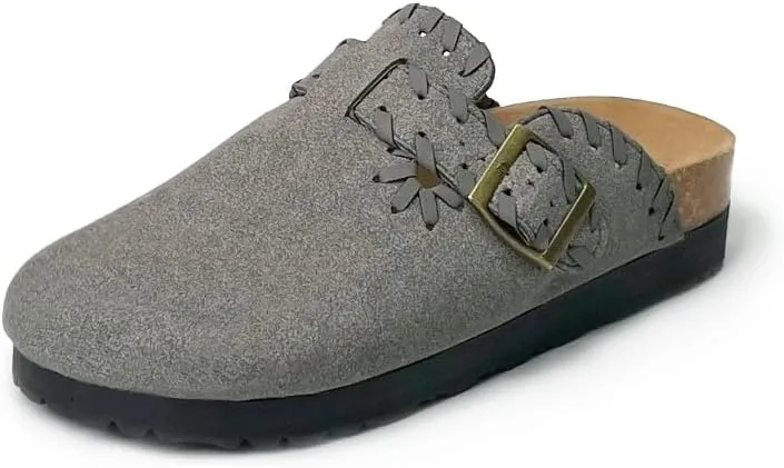 Women’s Suede Clogs Comfort Slip-On Mules with Cork Footbed and Adjustable Buckle Arch Support House Slippers Casual Indoor Outdoor Sandals