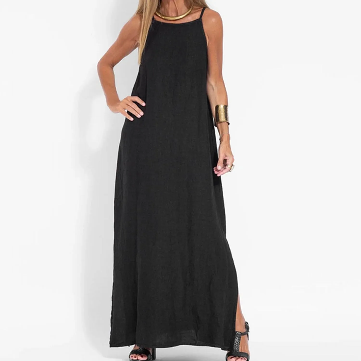 Women's Summer Cotton Linen Dress Spaghetti Strap Loose Fit Sleeveless Beach Sundress Split Flowy Maxi Long Dresses