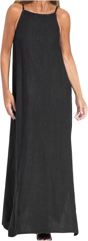Women's Summer Cotton Linen Dress Spaghetti Strap Loose Fit Sleeveless Beach Sundress Split Flowy Maxi Long Dresses