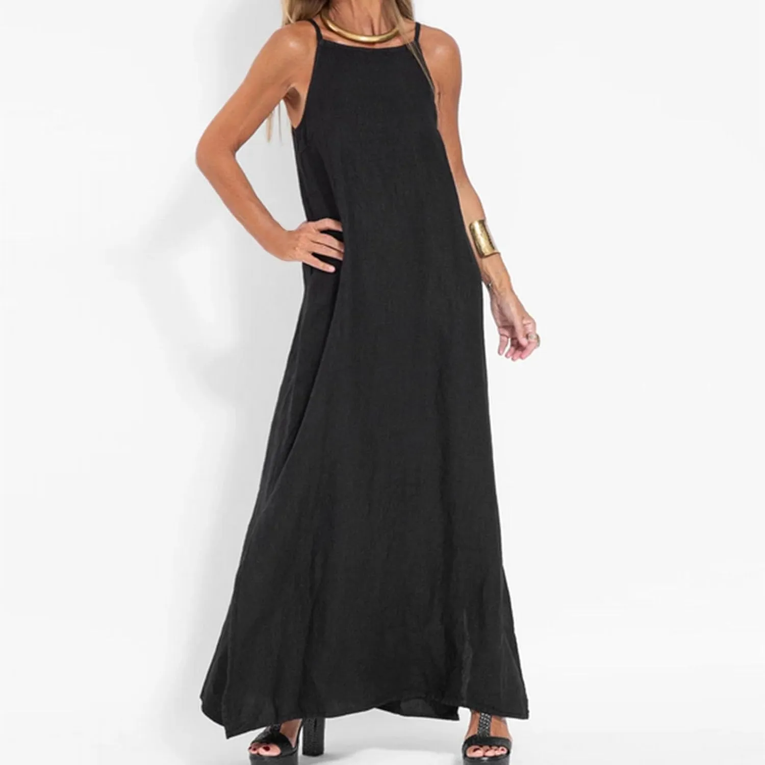 Women's Summer Cotton Linen Dress Spaghetti Strap Loose Fit Sleeveless Beach Sundress Split Flowy Maxi Long Dresses