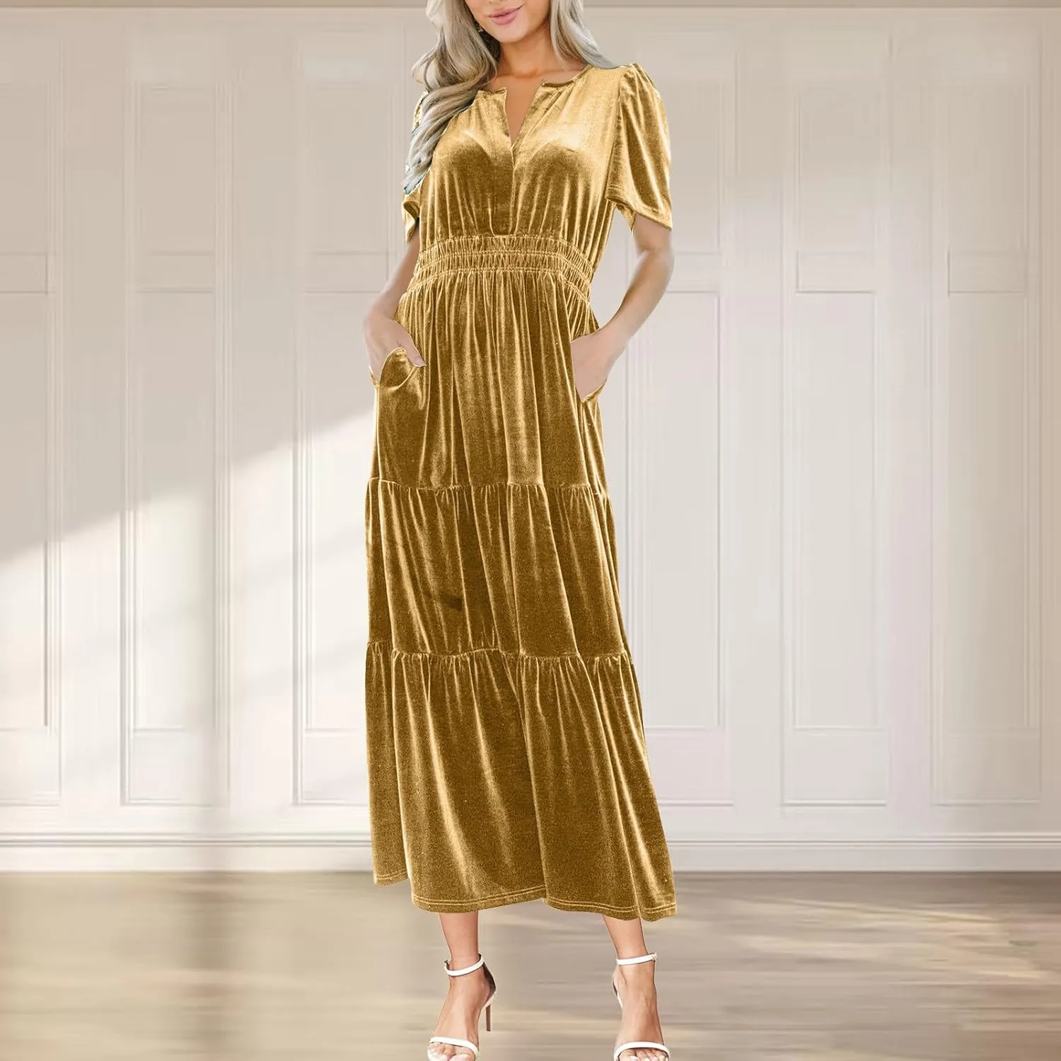 Women's Summer Vintage Velvet Dress Short Sleeve V Neck Elastic Waist Tiered Ruffle A-Line Flowy Maxi Dresses 2025