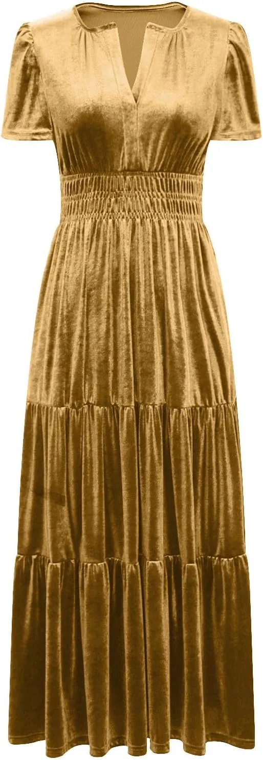 Women's Summer Vintage Velvet Dress Short Sleeve V Neck Elastic Waist Tiered Ruffle A-Line Flowy Maxi Dresses 2025