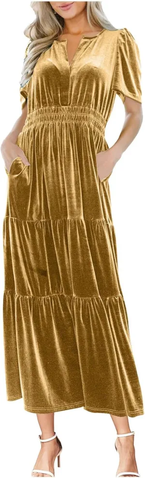 Women's Summer Vintage Velvet Dress Short Sleeve V Neck Elastic Waist Tiered Ruffle A-Line Flowy Maxi Dresses 2025