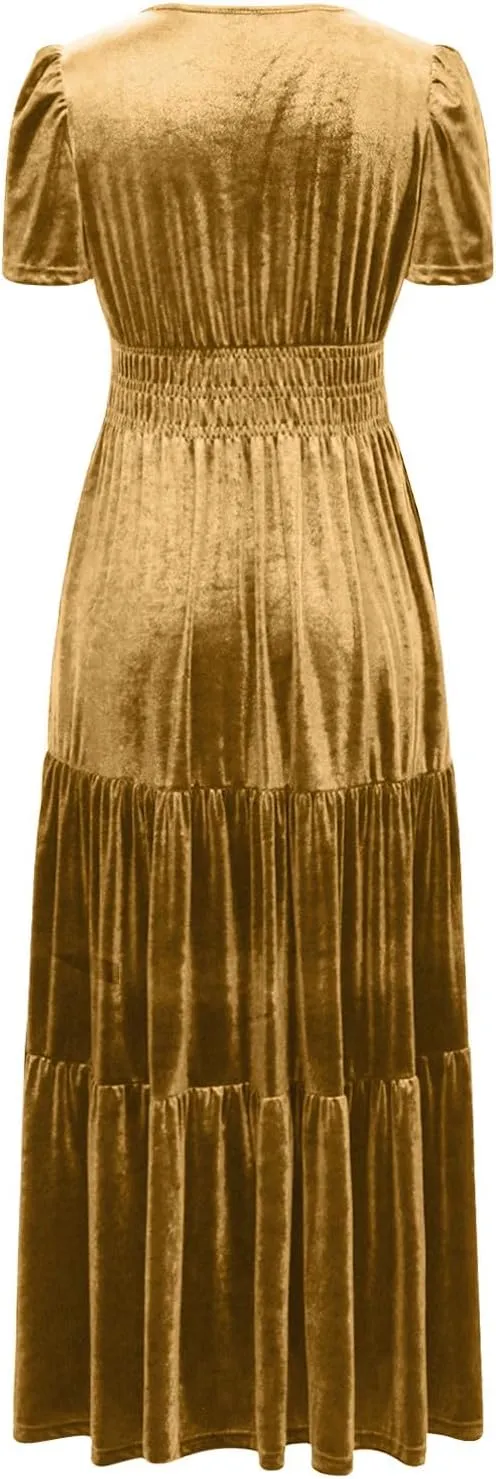 Women's Summer Vintage Velvet Dress Short Sleeve V Neck Elastic Waist Tiered Ruffle A-Line Flowy Maxi Dresses 2025