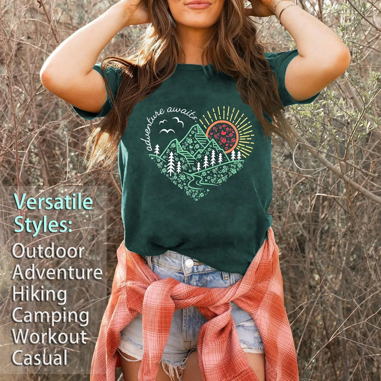 Womens T Shirts Adventure Awaits Mountain Sunrise Flower Heart Printed Shirt Boho Floral Wildflowers Graphic Funny Tee Tops