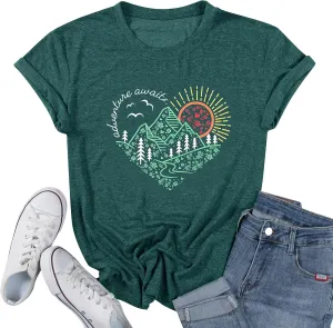Womens T Shirts Adventure Awaits Mountain Sunrise Flower Heart Printed Shirt Boho Floral Wildflowers Graphic Funny Tee Tops