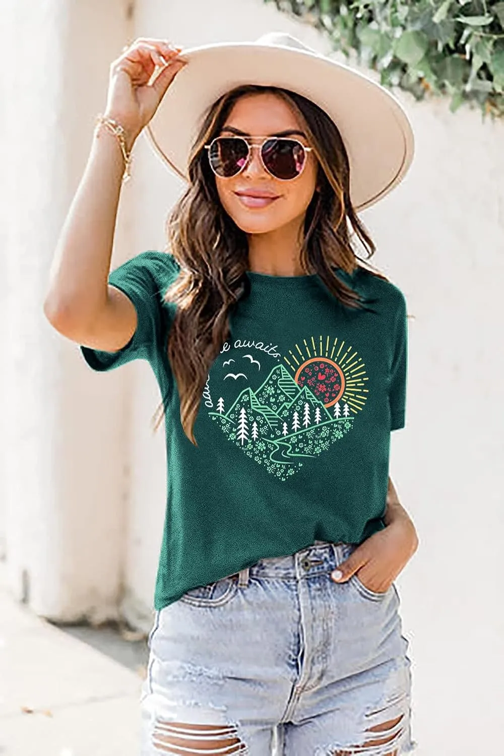 Womens T Shirts Adventure Awaits Mountain Sunrise Flower Heart Printed Shirt Boho Floral Wildflowers Graphic Funny Tee Tops