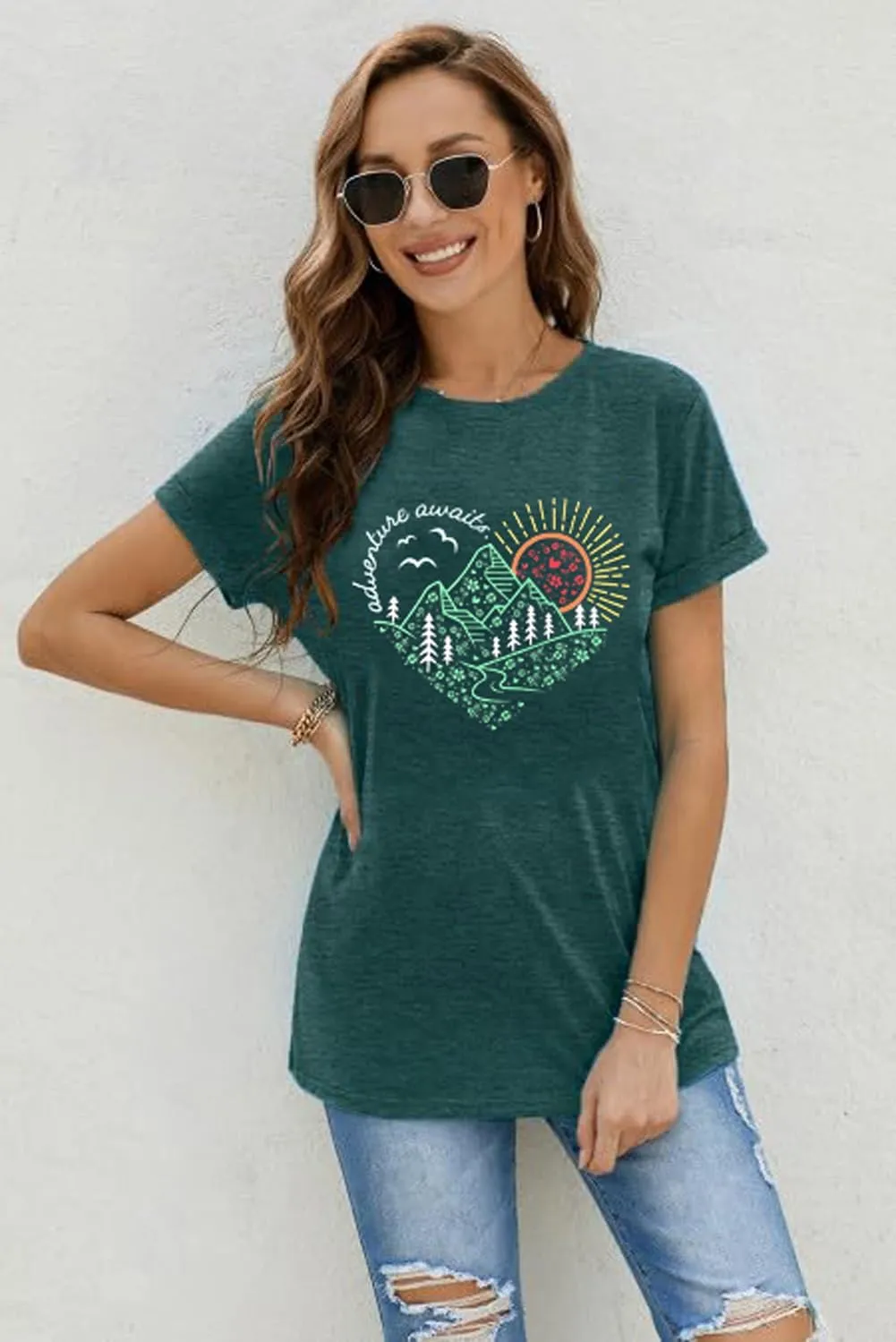 Womens T Shirts Adventure Awaits Mountain Sunrise Flower Heart Printed Shirt Boho Floral Wildflowers Graphic Funny Tee Tops