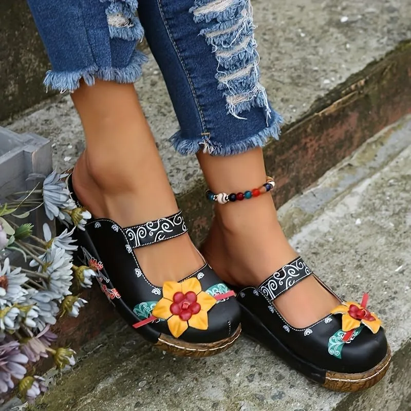 Women's Tribal Flower Platform Mules - Closed Toe Wedge Slides Sandals