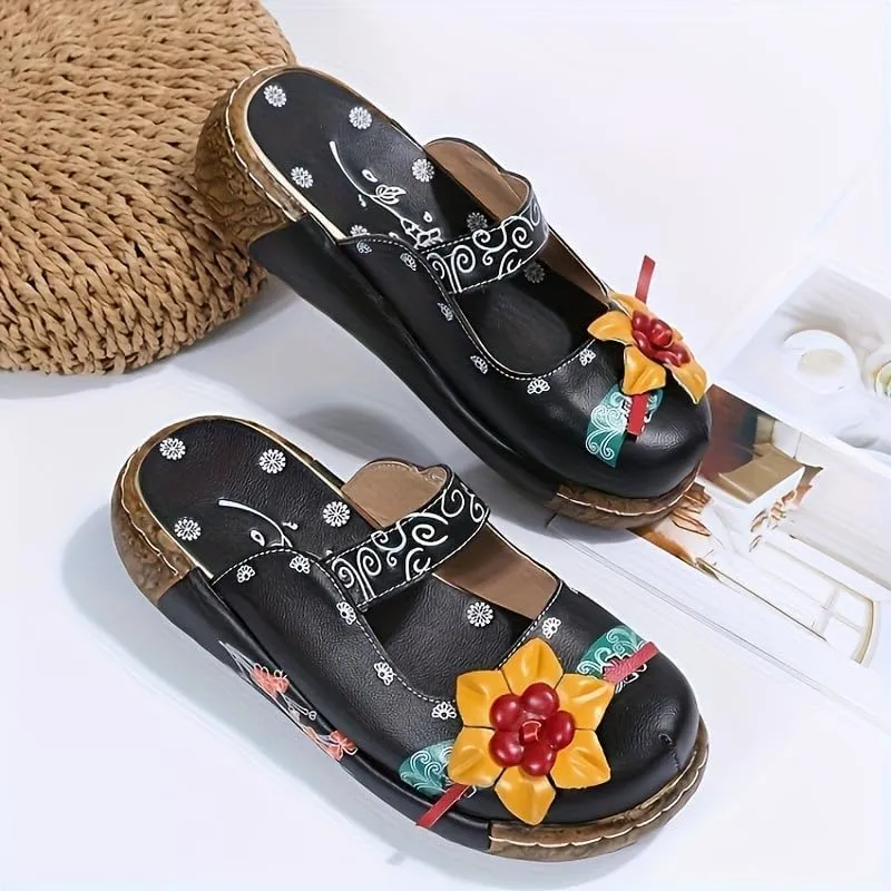 Women's Tribal Flower Platform Mules - Closed Toe Wedge Slides Sandals