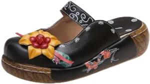 Women's Tribal Flower Platform Mules - Closed Toe Wedge Slides Sandals