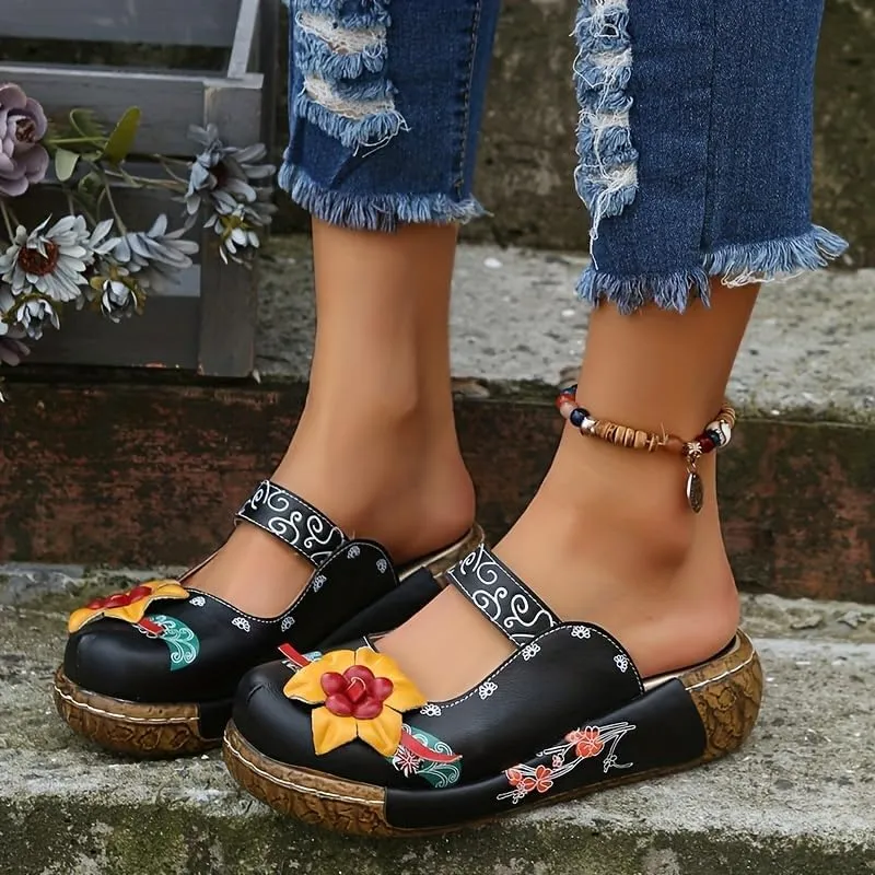 Women's Tribal Flower Platform Mules - Closed Toe Wedge Slides Sandals