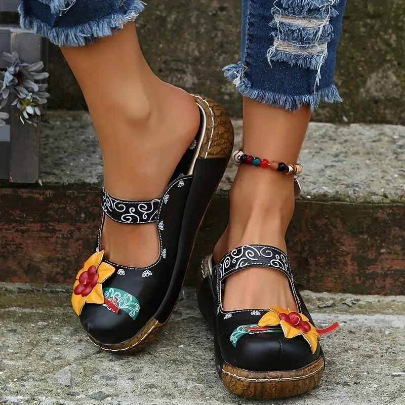 Women's Tribal Flower Platform Mules - Closed Toe Wedge Slides Sandals