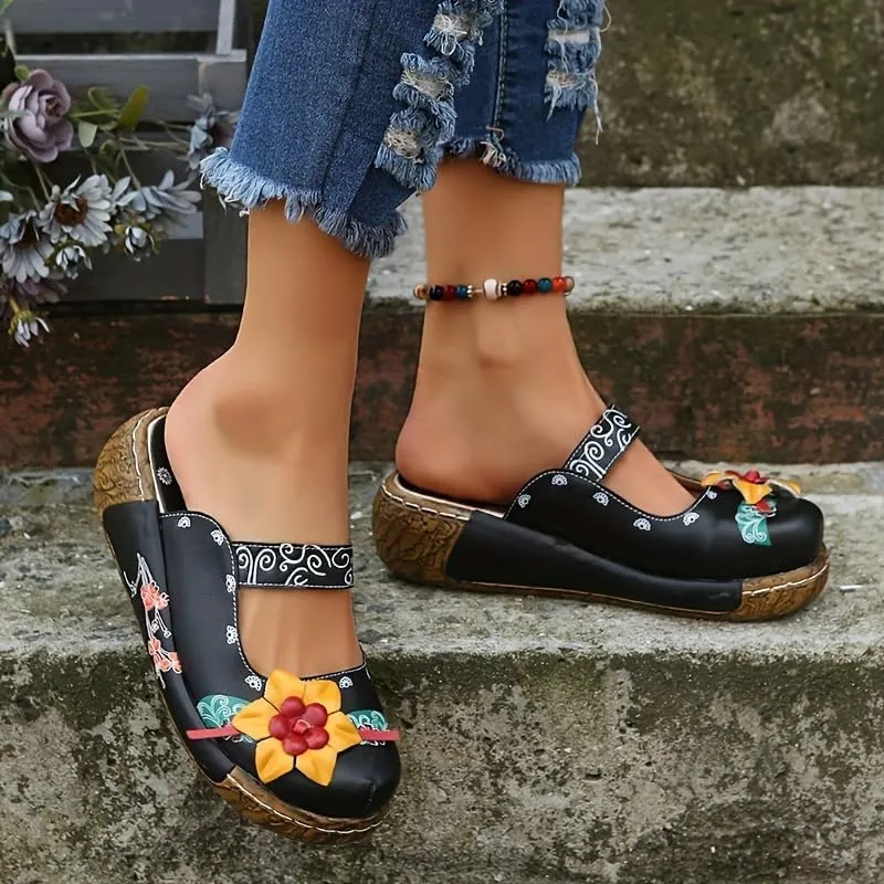 Women's Tribal Flower Platform Mules - Closed Toe Wedge Slides Sandals