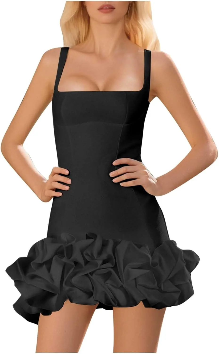 Womens Vintage Sexy Mini Dress Sleeveless Spaghetti Strap Ruched Ruffle Hem Summer Bodycon Dresses Formal Party Gown