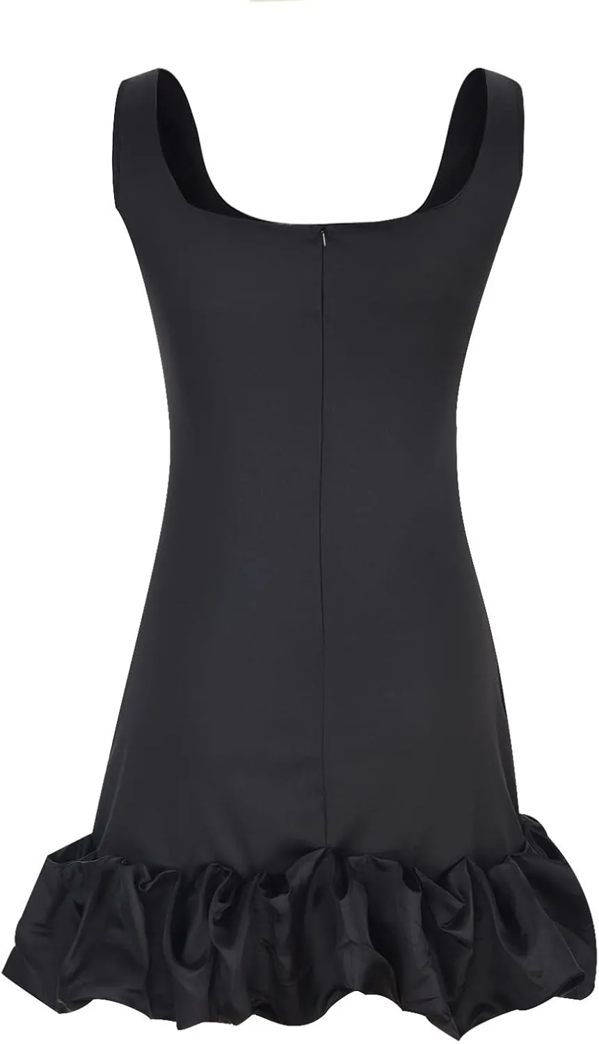 Womens Vintage Sexy Mini Dress Sleeveless Spaghetti Strap Ruched Ruffle Hem Summer Bodycon Dresses Formal Party Gown