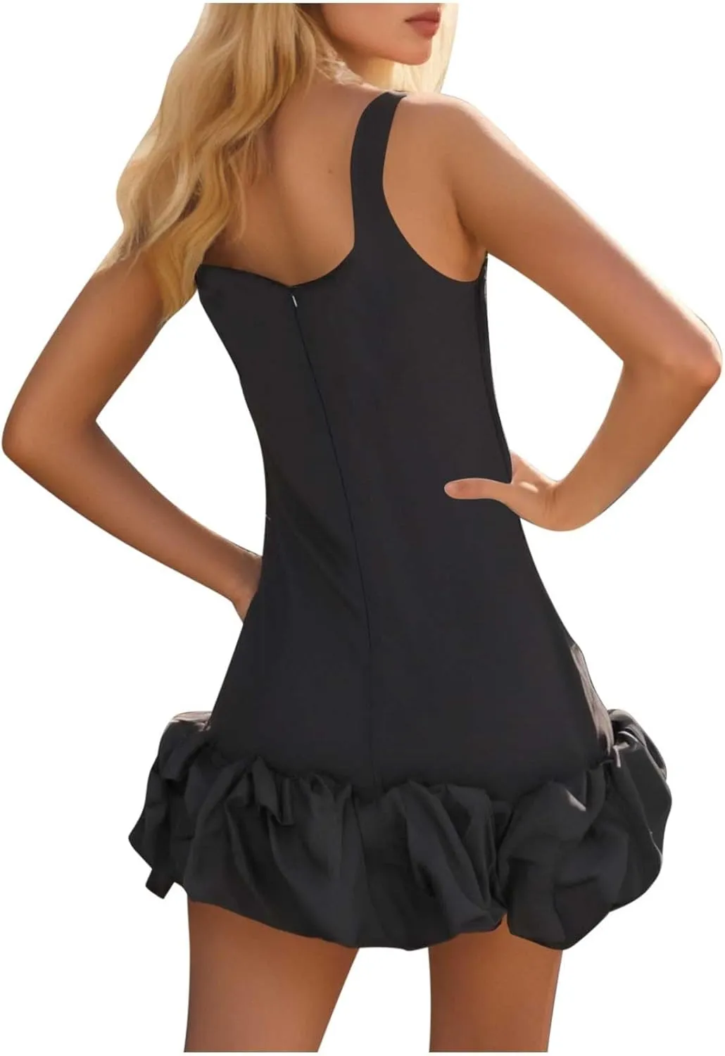 Womens Vintage Sexy Mini Dress Sleeveless Spaghetti Strap Ruched Ruffle Hem Summer Bodycon Dresses Formal Party Gown