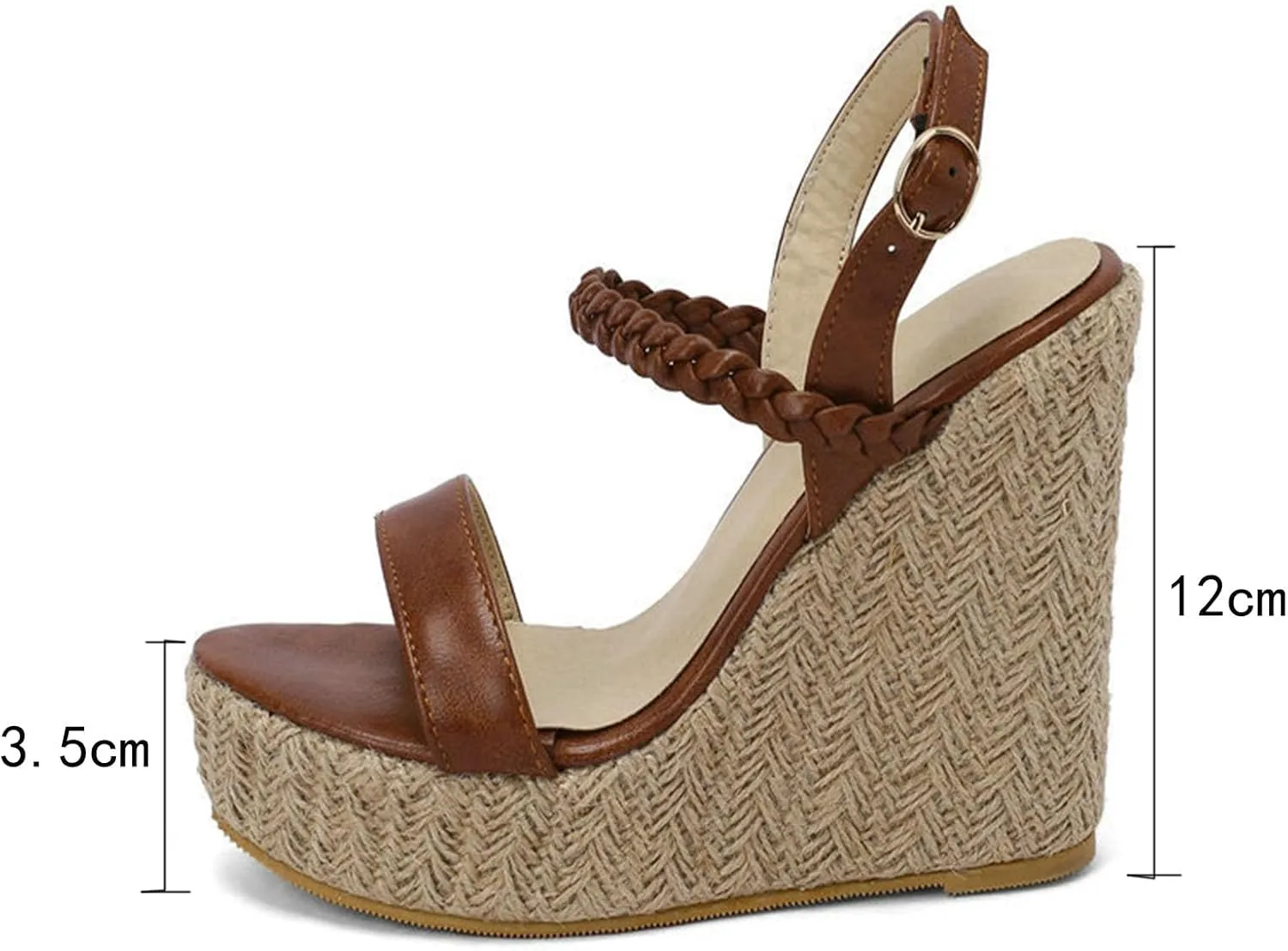 Women's Wedge Platform Heels Sandals, Open Toe Ankle Strap Heel Sandals Leather Straw Crochet Adjustable Dress Shoes 12 CM