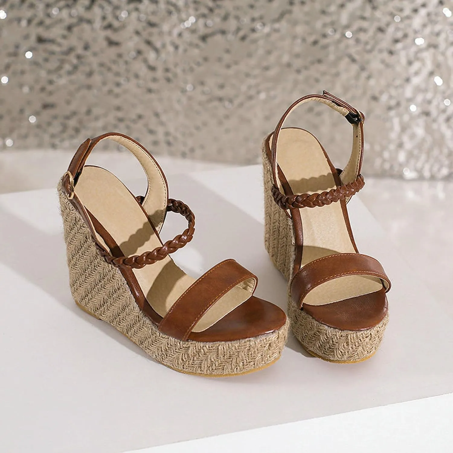 Women's Wedge Platform Heels Sandals, Open Toe Ankle Strap Heel Sandals Leather Straw Crochet Adjustable Dress Shoes 12 CM