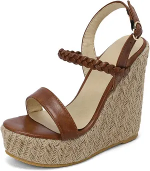 Women's Wedge Platform Heels Sandals, Open Toe Ankle Strap Heel Sandals Leather Straw Crochet Adjustable Dress Shoes 12 CM