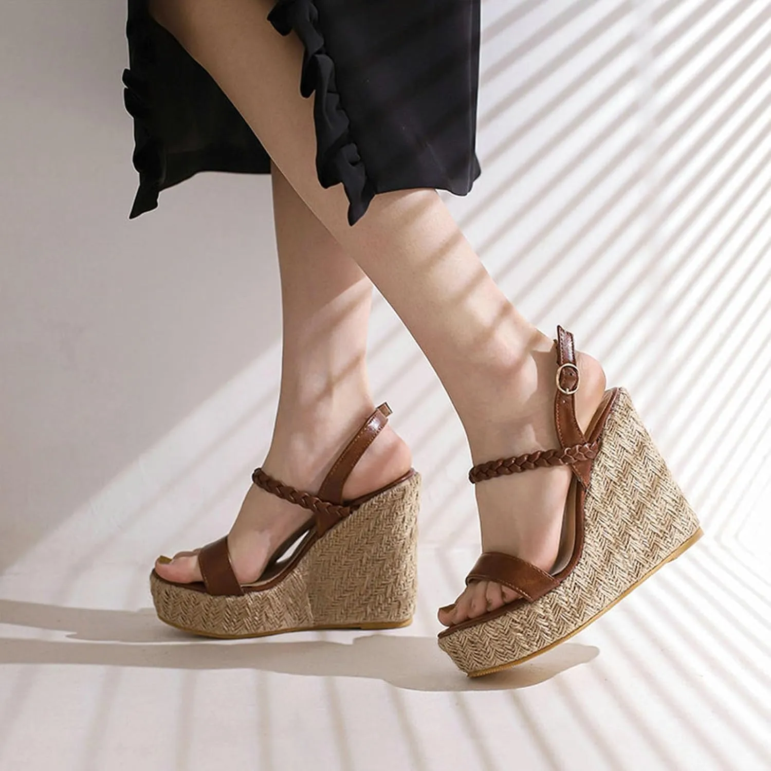 Women's Wedge Platform Heels Sandals, Open Toe Ankle Strap Heel Sandals Leather Straw Crochet Adjustable Dress Shoes 12 CM