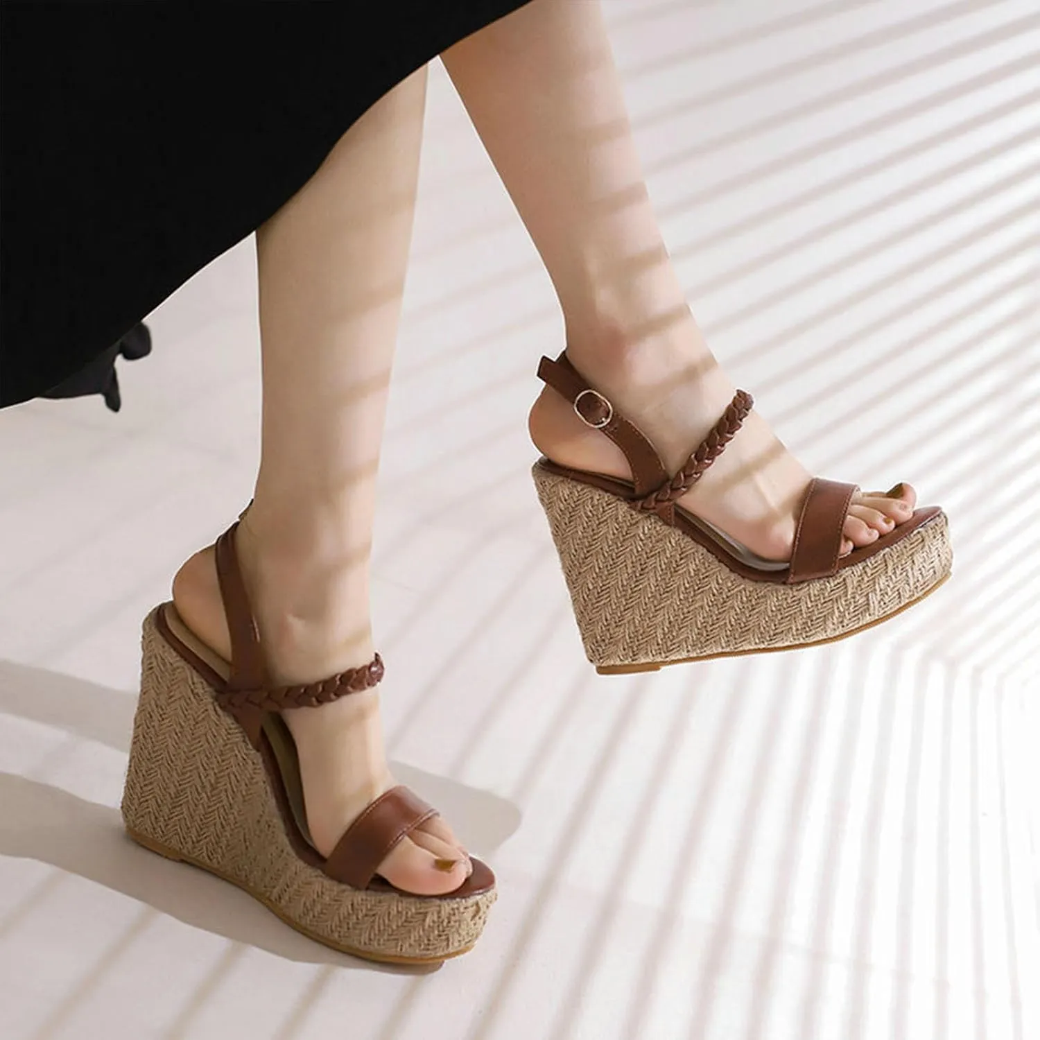 Women's Wedge Platform Heels Sandals, Open Toe Ankle Strap Heel Sandals Leather Straw Crochet Adjustable Dress Shoes 12 CM