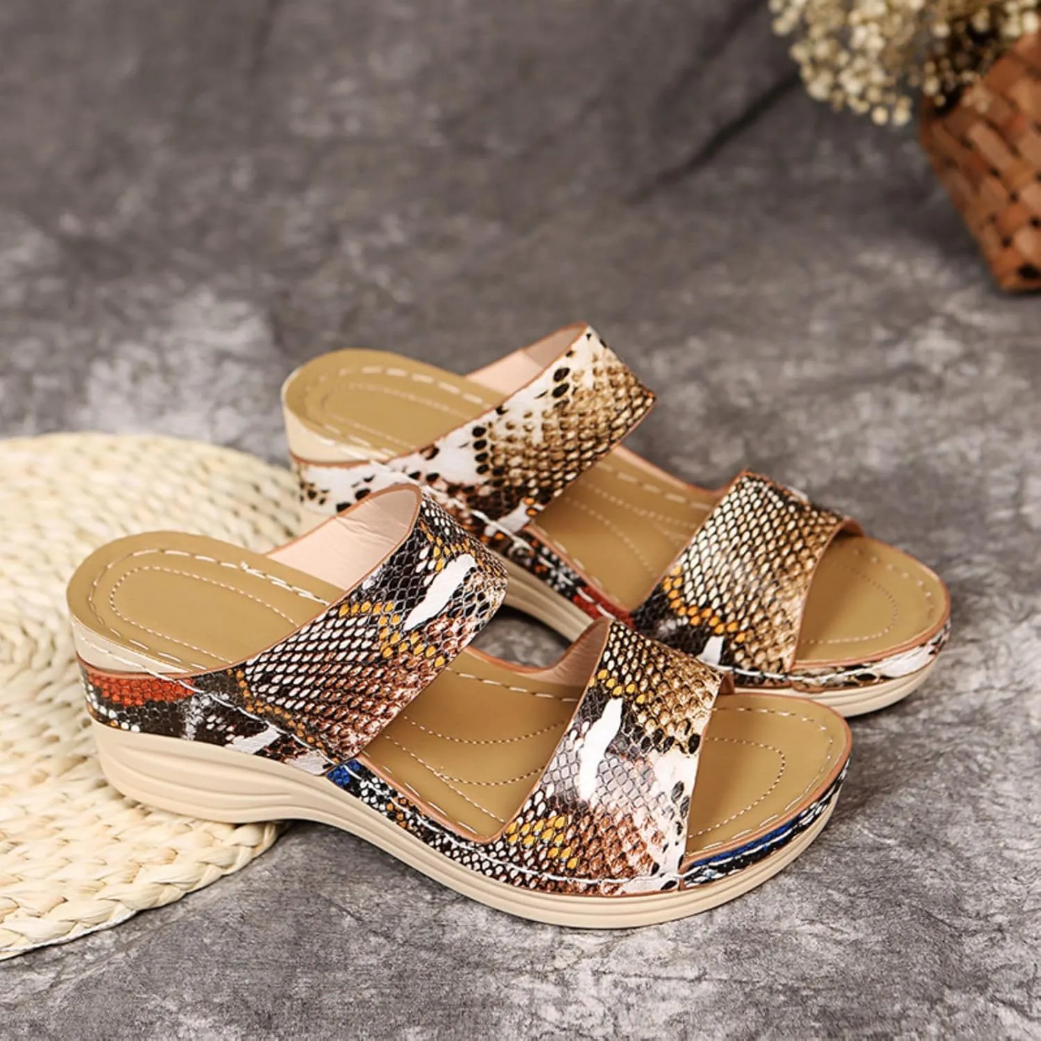 Womens Wedge Sandals wide Width Leopard Print Low Heel Sandals Open Toe Arch Support Comfort Wear Orthopedic Shoes Non-Slip Beach Walking Sandal Breathable Comfy Shoes Comfortable Wedges for Women