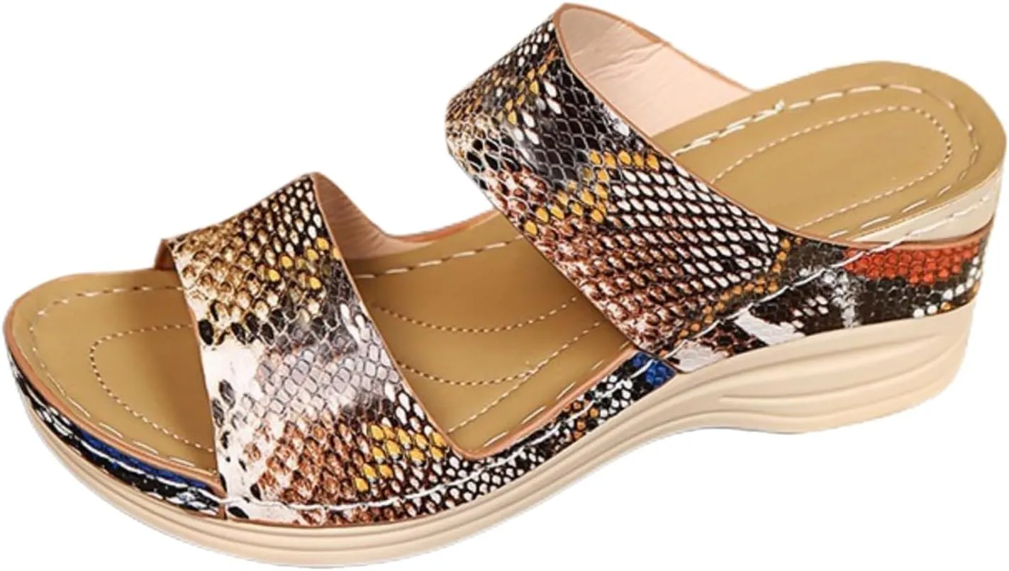 Womens Wedge Sandals wide Width Leopard Print Low Heel Sandals Open Toe Arch Support Comfort Wear Orthopedic Shoes Non-Slip Beach Walking Sandal Breathable Comfy Shoes Comfortable Wedges for Women