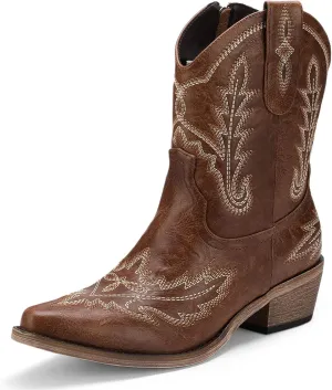 Women's Western Cowboy Booties Fashion Black Cowgirl Boots with Low Block Heel Embroidery Short Ankle Boots Walking Boots for Country Concert Disco Outfits