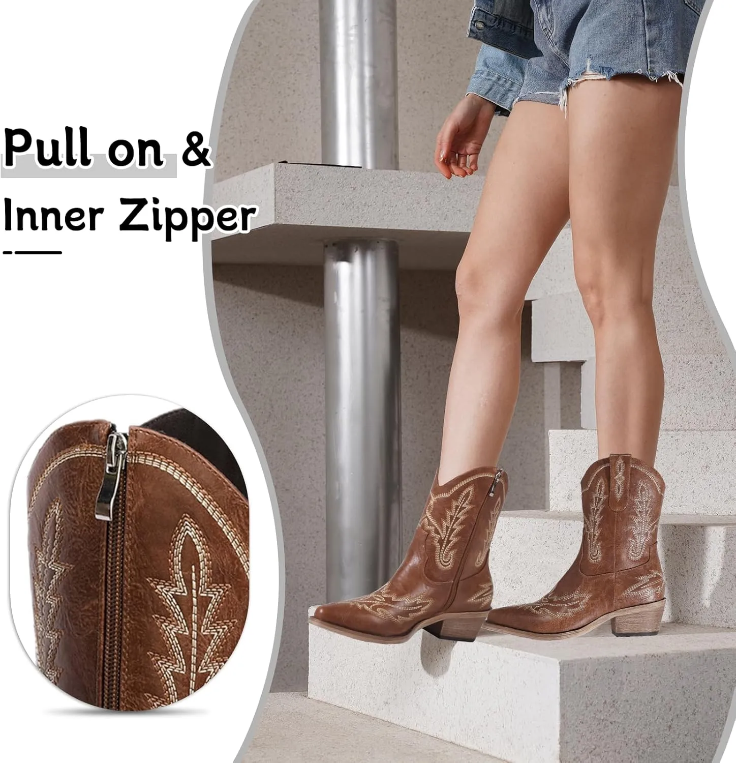 Women's Western Cowboy Booties Fashion Black Cowgirl Boots with Low Block Heel Embroidery Short Ankle Boots Walking Boots for Country Concert Disco Outfits