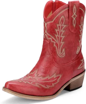 Women's Western Cowboy Booties Fashion Black Cowgirl Boots with Low Block Heel Embroidery Short Ankle Boots Walking Boots for Country Concert Disco Outfits
