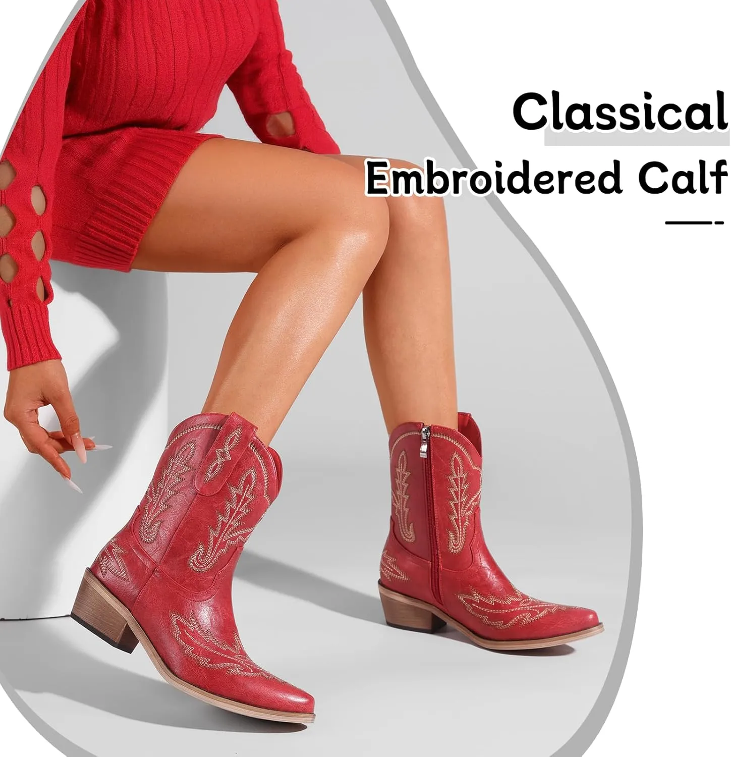 Women's Western Cowboy Booties Fashion Black Cowgirl Boots with Low Block Heel Embroidery Short Ankle Boots Walking Boots for Country Concert Disco Outfits