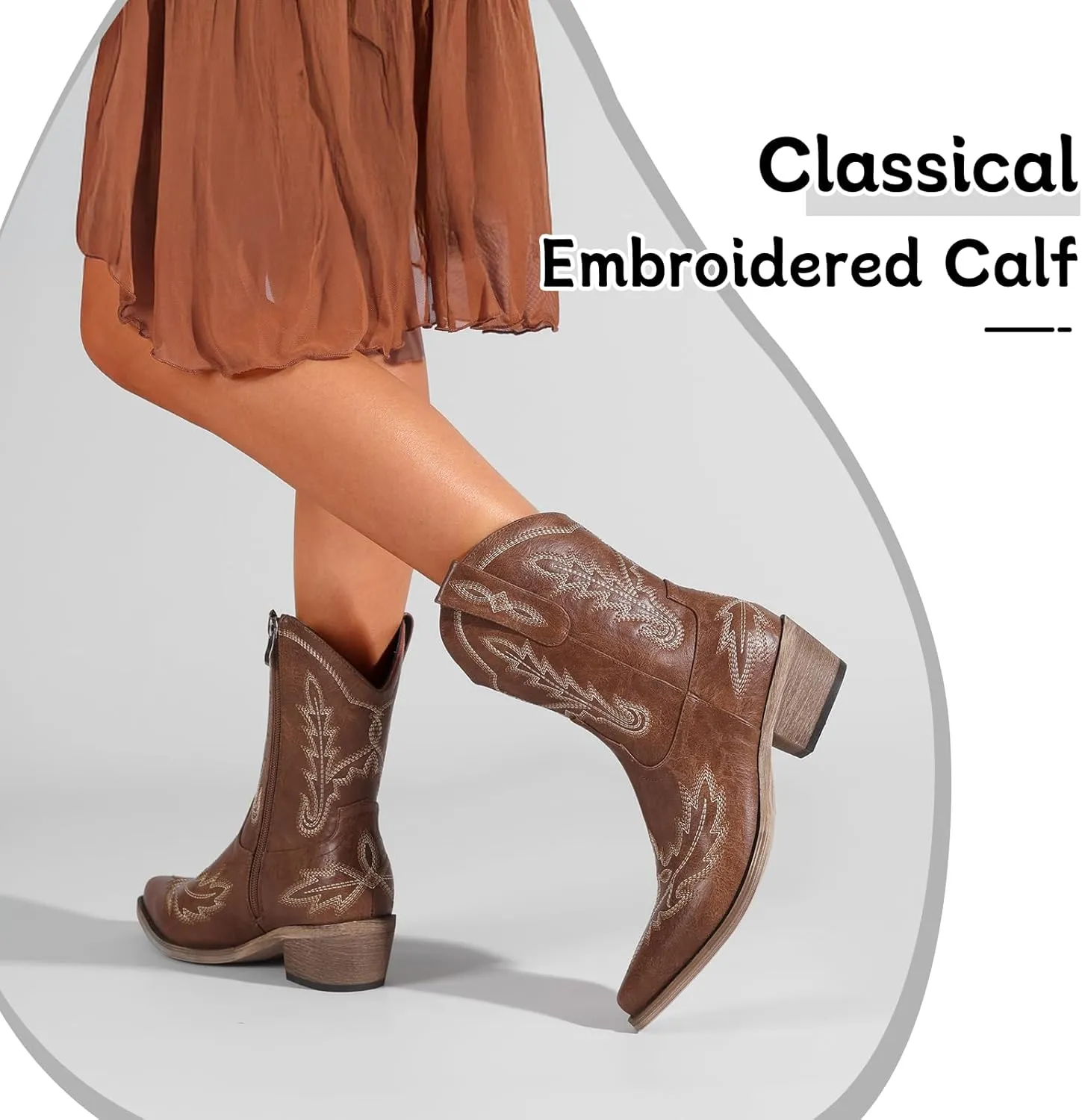 Women's Western Cowboy Booties Fashion Black Cowgirl Boots with Low Block Heel Embroidery Short Ankle Boots Walking Boots for Country Concert Disco Outfits